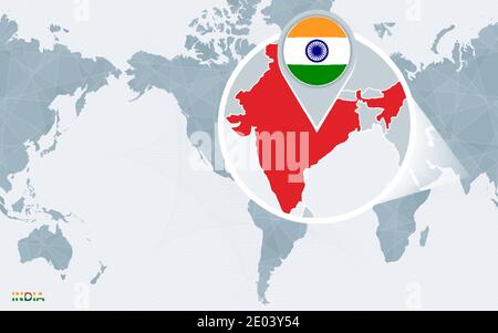 World map centered on America with magnified India. Blue flag and map of India. Abstract vector illustration. Stock Vector