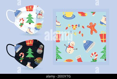 Christmas pattern face mask mockup with modern abstract seamless pattern Stock Vector