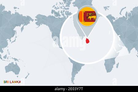 World map centered on America with magnified Sri Lanka. Blue flag and map of Sri Lanka. Abstract vector illustration. Stock Vector