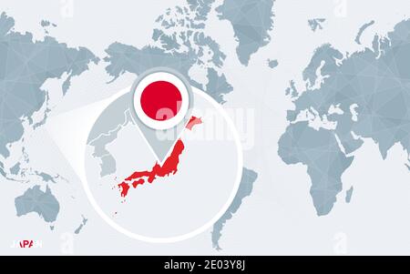 World map centered on America with magnified Japan. Blue flag and map of Japan. Abstract vector illustration. Stock Vector