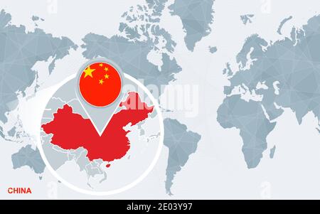 World map centered on America with magnified China. Blue flag and map of China. Abstract vector illustration. Stock Vector