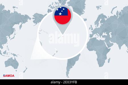 World map centered on America with magnified Samoa. Blue flag and map of Samoa. Abstract vector illustration. Stock Vector