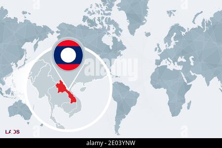World map centered on America with magnified Laos. Blue flag and map of Laos. Abstract vector illustration. Stock Vector