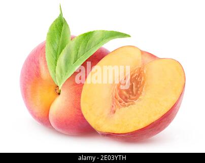 Isolated peaches. One whole pink peach with leaf and a half isolated on white background Stock Photo
