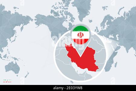 World map centered on America with magnified Iran. Blue flag and map of Iran. Abstract vector illustration. Stock Vector