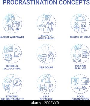 Procrastination concept icons set Stock Vector