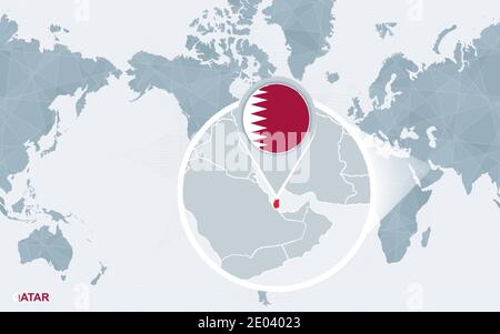 World map centered on Qatar with magnified Chile. Blue flag and map of Qatar. Abstract vector illustration. Stock Vector