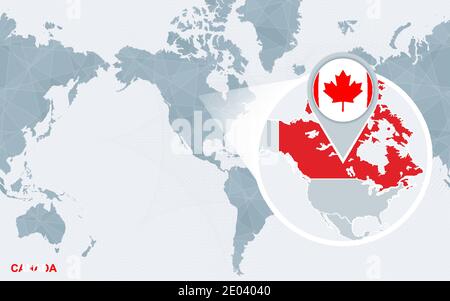 World map centered on America with magnified Canada. Blue flag and map of Canada. Abstract vector illustration. Stock Vector