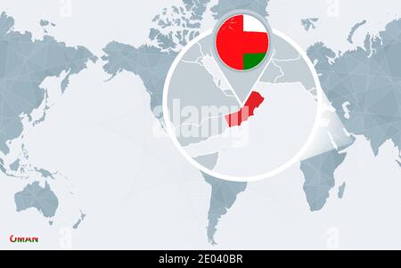 World map centered on America with magnified Oman. Blue flag and map of Oman. Abstract vector illustration. Stock Vector