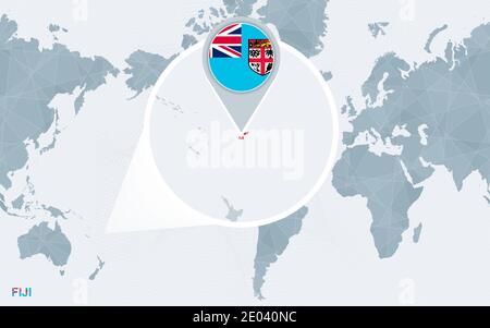 World map centered on America with magnified Fiji. Blue flag and map of Fiji. Abstract vector illustration. Stock Vector