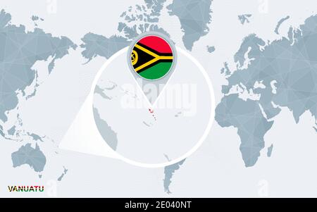 World map centered on America with magnified Vanuatu. Blue flag and map of Vanuatu. Abstract vector illustration. Stock Vector