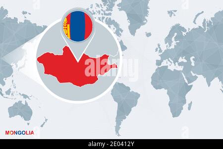 World map centered on America with magnified Mongolia. Blue flag and map of Mongolia. Abstract vector illustration. Stock Vector
