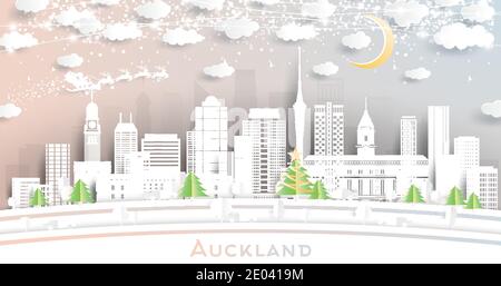 Auckland New Zealand City Skyline in Paper Cut Style with Snowflakes, Moon and Neon Garland. Vector Illustration. Christmas and New Year Concept. Stock Vector