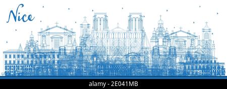 Outline Nice France City Skyline with Blue Buildings. Vector Illustration. Business Travel and Concept with Historic Architecture. Stock Vector