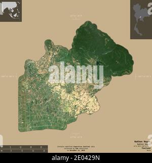 Nakhon Nayok, province of Thailand. Sentinel-2 satellite imagery. Shape isolated on solid background with informative overlays. Contains modified Cope Stock Photo