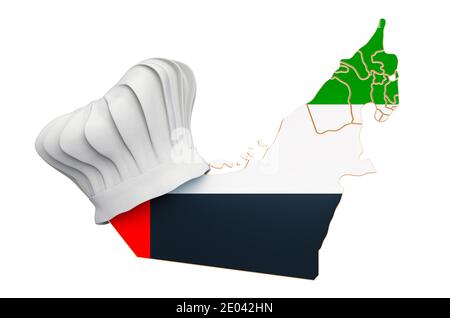 UAE national cuisine concept. Chef hat with map of the UAE. 3D rendering isolated on white background Stock Photo