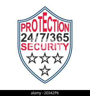 Icon sign protection and security, vector symbol of protection shield with text, 24-hour security 7 days a week, 365 days a year Stock Vector