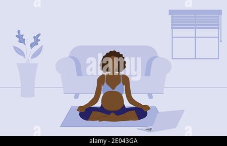 Pregnant woman doing online yoga class at home Stock Vector