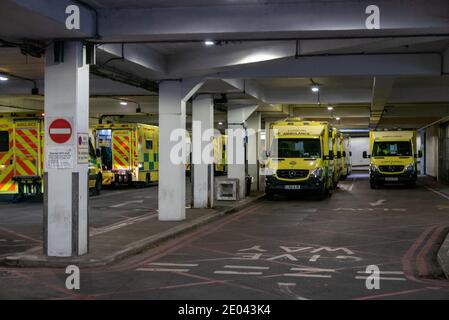 Emergency ambulances of London Ambulance Service queued outside the Royal Free Hospital Accident and Emergency (A&E) department. Stock Photo