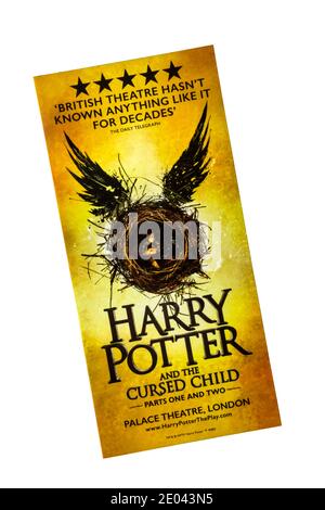 Promotional flyer for Harry Potter and the Cursed Child at Palace Theatre, based on character by J K Rowling.  Closed until 2021 due to COVID-19. Stock Photo