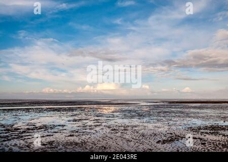 The Wash, viewed to the NW at low tide from Heacham beach in Norfolk. Stock Photo