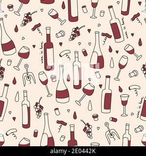 Vector seamless pattern in doodle style. Red wine, glass, corkscrew. For printing paper, textiles, design. Stock Vector