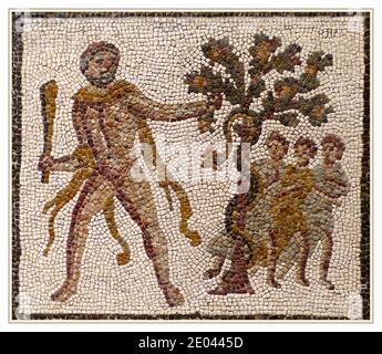 HERCULES MOSAIC Detail third century AD Roman Mosaic of the Labours of Hercules from Lliria Spain Mosaico de los trabajos de Hércules, Museo Arqueológico Nacional, Madrid, España, Stock Photo