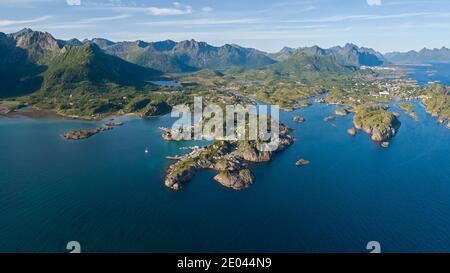 Travel concept with aerial panorama of Norwegian fiords with sea and mountains Stock Photo