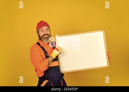 Repair Advertisement Concept Courier Service Delivery Salesman And Courier Career Courier And Delivery Service Postman Delivery Worker Happy Man Show Blank Blackboard On White Background Stock Photo Alamy