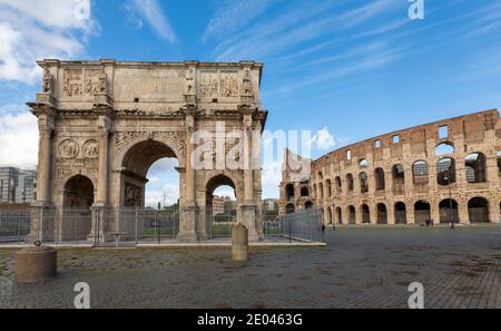 View of the Arch of Constantine with the Colosseum in the background. Stock Photo