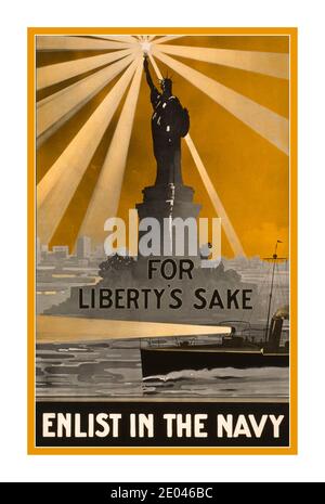 WW1 Propaganda Recruitment Poster USA “For Liberty's sake, enlist in the Navy” Poster showing the Statue of Liberty beaming brightly over a patrol boat. Boston : Smith & Porter Press, [1917] World War 1 -  United States.--Navy--Recruiting & enlistment--1910-1920 -  Statue of Liberty National Monument (N.Y. and N.J.)--1910-1920 -  World War, 1914-1918--Recruiting & enlistment--United States -  Boats--1910-1920 Lithographs--Color--1910-1920. War posters--American--1910-1920.  Issued by City of Boston Committee on Public Safety. USA  America First World War Stock Photo