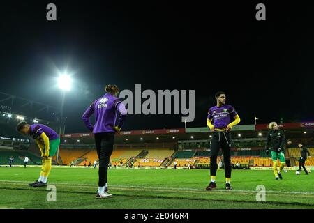 Norwich, Norfolk, UK. 29th December 2020; Carrow Road, Norwich, Norfolk, England, English Football League Championship Football, Norwich versus Queens Park Rangers; The Norwich players warm up Credit: Action Plus Sports Images/Alamy Live News Stock Photo