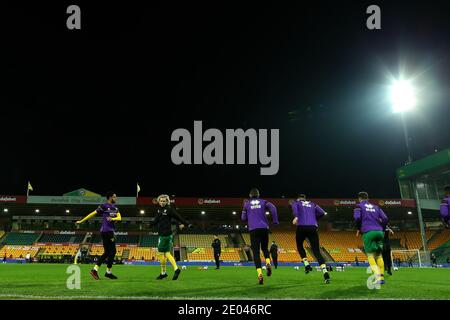 Norwich, Norfolk, UK. 29th December 2020; Carrow Road, Norwich, Norfolk, England, English Football League Championship Football, Norwich versus Queens Park Rangers; Norwich City during the warm up Credit: Action Plus Sports Images/Alamy Live News Stock Photo
