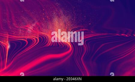 Sci fi neon cyber retro technology background. 3d render futuristic illustration. Abstract particles and smoke. Stock Photo