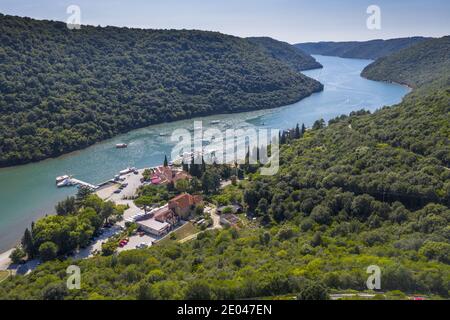 Panorama of Lim fjord in Istria restaurant Stock Photo