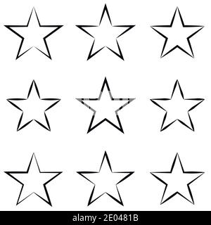 Set stars with calligraphic outline stroke, vector hand drawn star shape outline Stock Vector