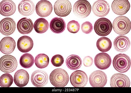 sliced red onions set isolated on white background,top view. Stock Photo