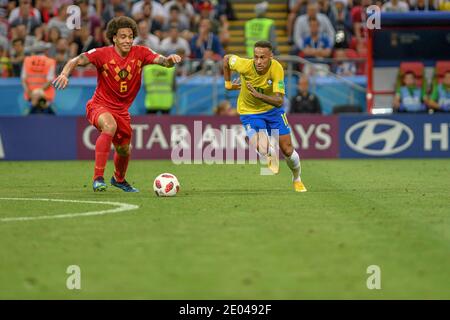 KAZAN, RUSSIA 6 July 2018: Axel Witsel (L) of Belgium vs Neymar of Brazil during the 2018 FIFA World Cup Russia Quarter Final match between Brazil and Stock Photo