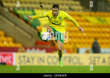 Norwich, Norfolk, UK. 29th December 2020; Carrow Road, Norwich, Norfolk, England, English Football League Championship Football, Norwich versus Queens Park Rangers; Emi Buendia of Norwich City controls the high ball Credit: Action Plus Sports Images/Alamy Live News Stock Photo