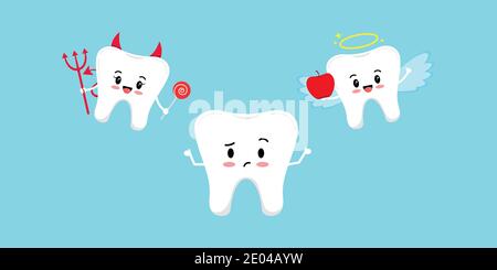 Cute tooth think and devil with angel on its shoulder. Stock Vector