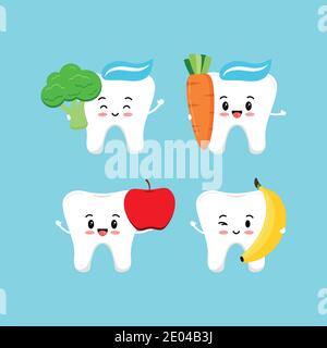 Cute tooth with food for dental health set. Stock Vector