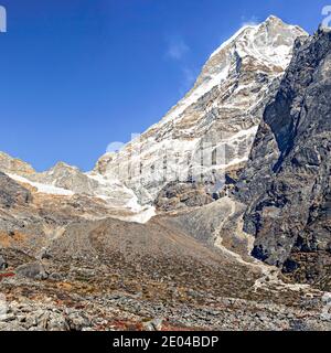 View at the Himalayan mountains landscape on the trek from Kothe to Thangnak it is on trekking route to Mera peak in Nepal. Stock Photo
