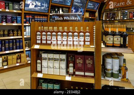 Irish Whiskey on display at World Duty Free shop at London Stansted Airport Essex England United Kingdom UK Stock Photo