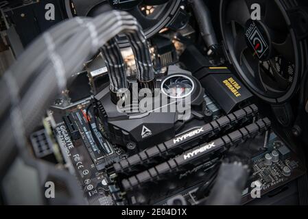 Sarajevo, Bosnia and Herzegovina - December 29, 2020: Arctic Liquid Freezer II all-in-one water cooling pump mount on Intel processor Stock Photo