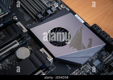 Sarajevo, Bosnia and Herzegovina - December 29, 2020: Gigabyte Aorus Pro x570 motherboard chipset cooler Stock Photo
