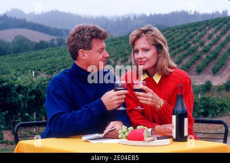 Middle Aged Couple Enjoying a Picnic in a vineyard, Sonoma County, 1989, USA, CA Stock Photo