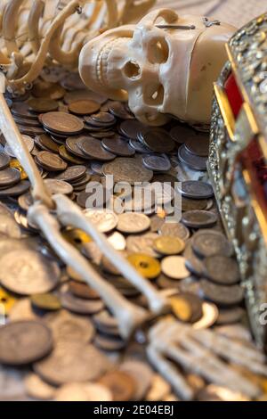 Skeleton of a greedy Pirate who found a treasure chest Stock Photo