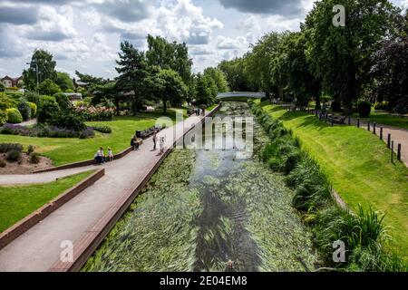 The River Sow flowing through Victoria Park in the centre of Stafford in Staffordshire. Stock Photo