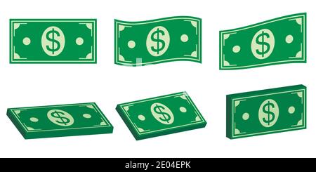 Set icons money dollar, flat and 3D bundle of cash. Vector symbol money for payment of pay, flat and isometric, bundle of cash dollar Stock Vector