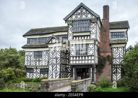 Little Moreton Hall, a timber framed moated Tudor manor house near Congleton, Cheshire,  owned by the National Trust Stock Photo